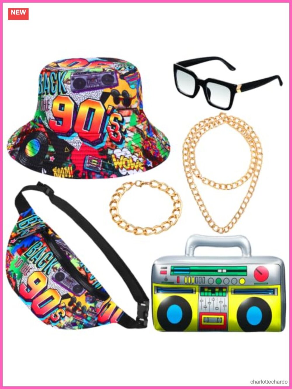 6pc 80s 90s Hip Hop Rapper Costume Accessory Set, Fanny Pack Bucket Hat Glasses
